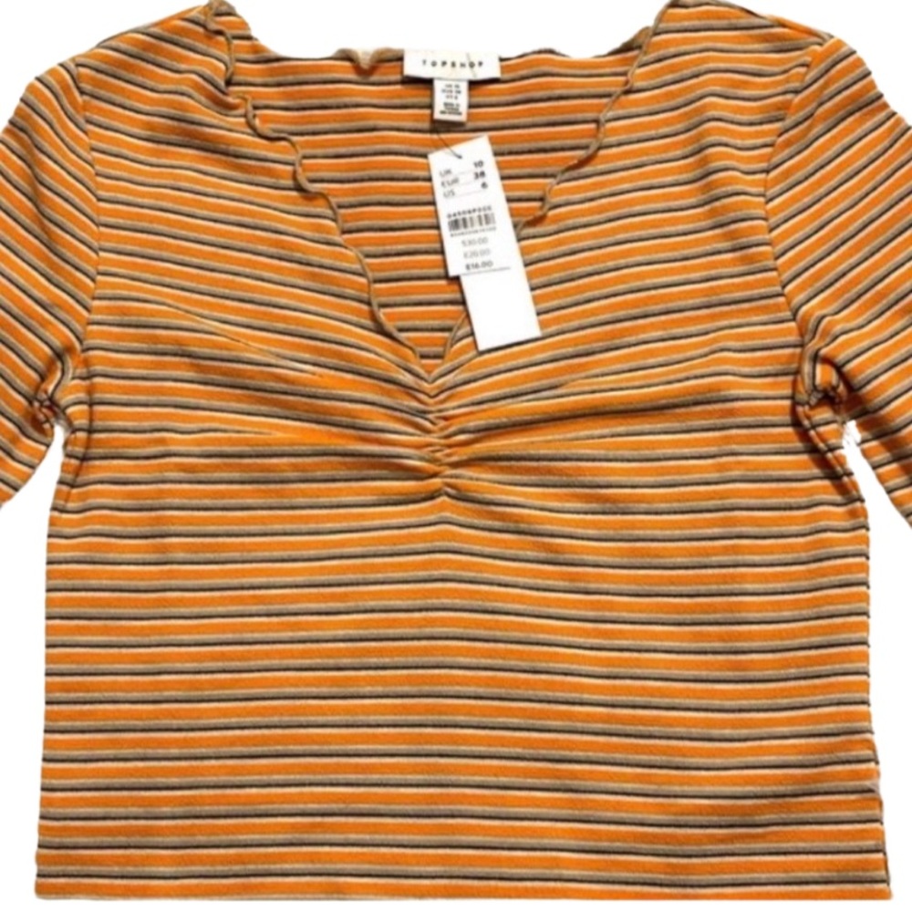 TOPSHOP | Vintage Style Striped Lettuce Trim Top